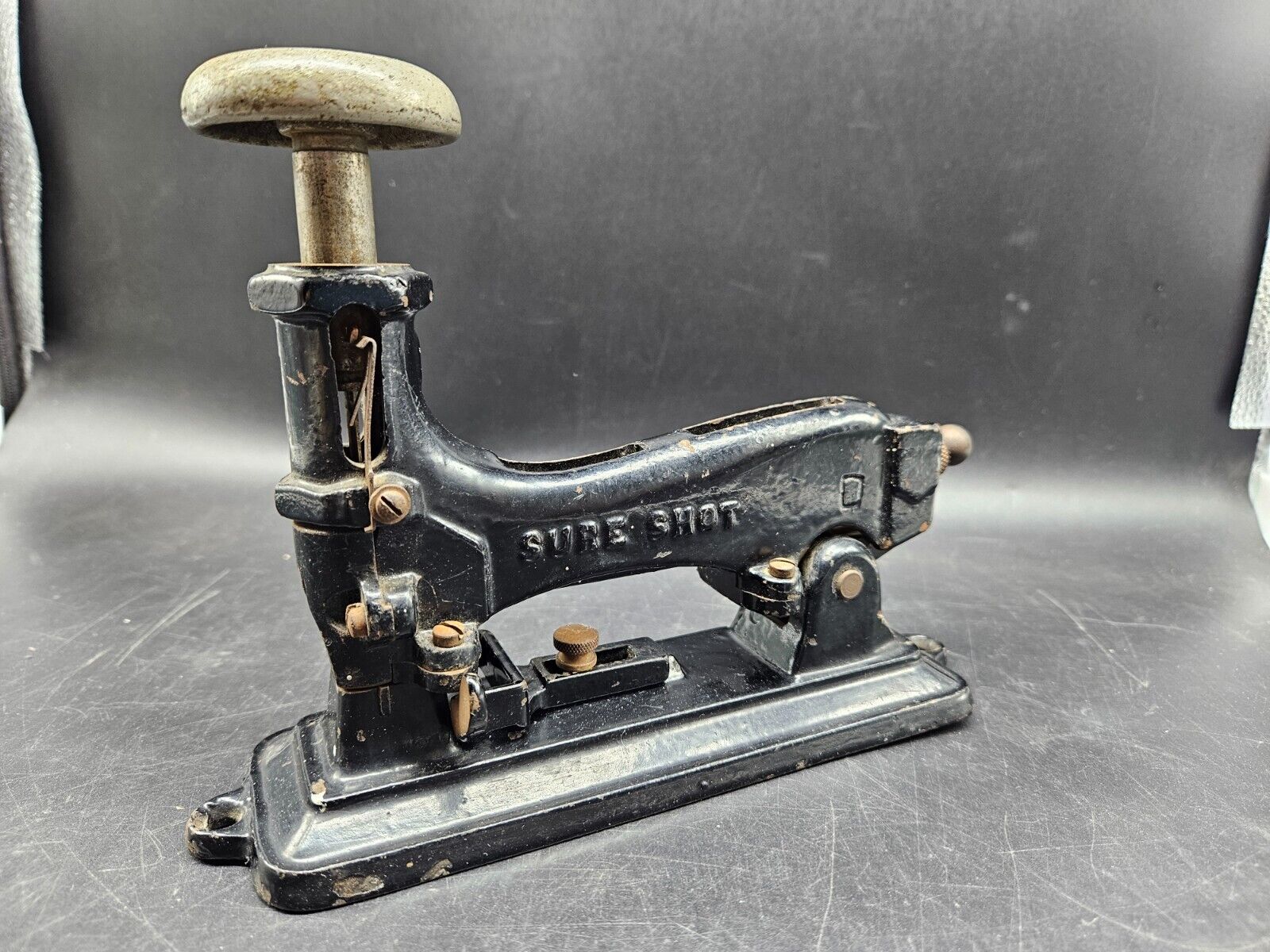 Antique Late 1800’s/Early 1900’s Cast-Iron Office Desk Acme Sure Shot Stapler