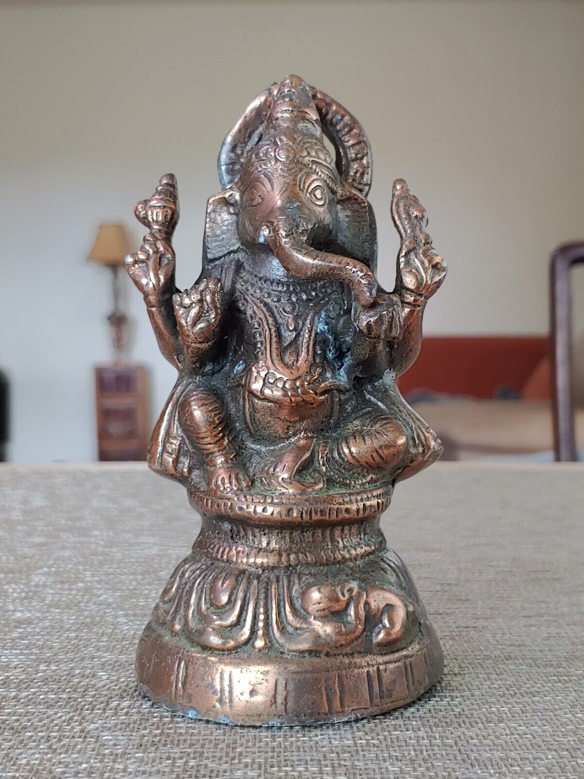 Antique Indian Hammer Red Copper Hindu God Ganesha Elephants Statue Figurine Art