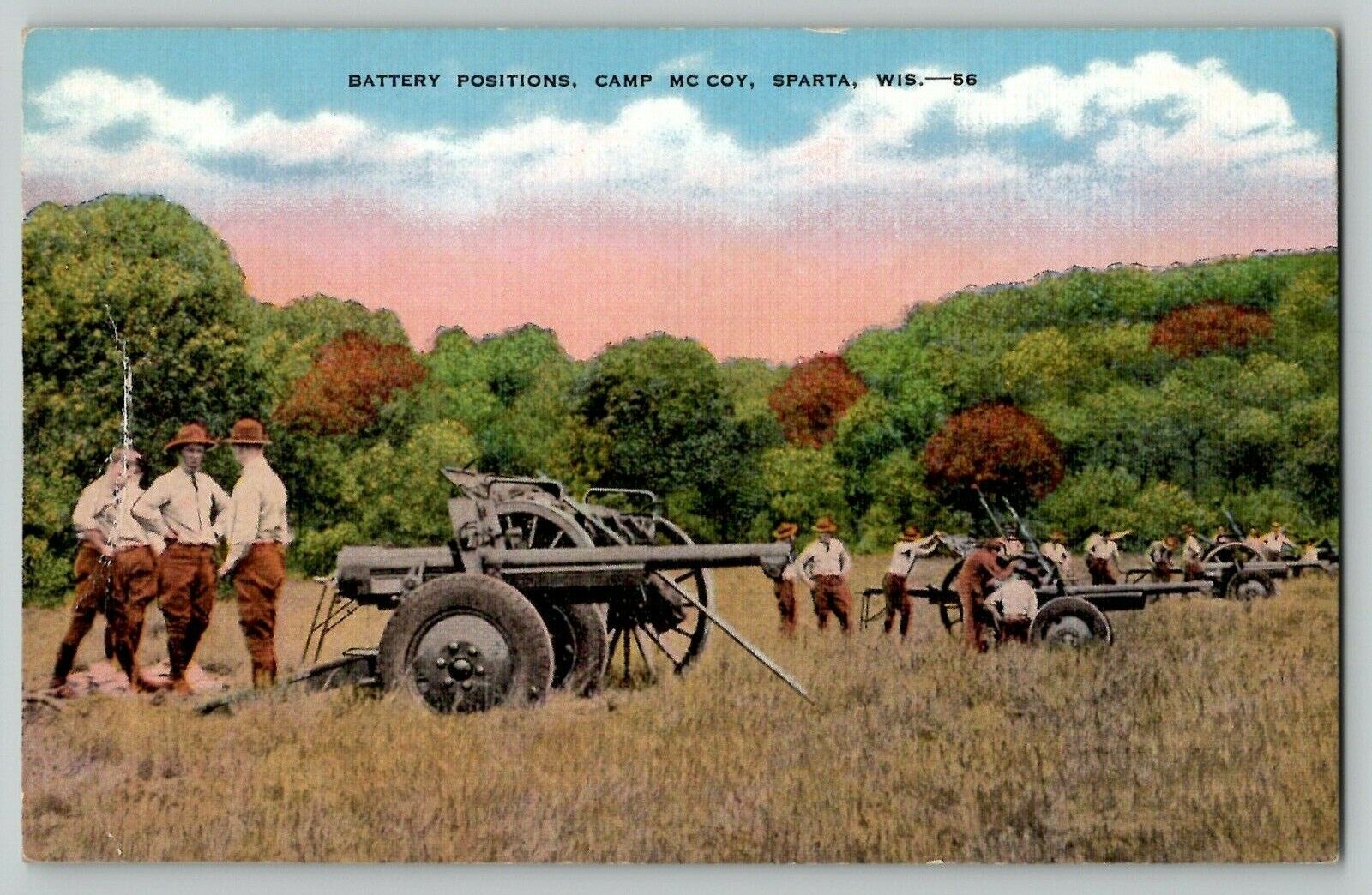 WW2 WWII Postcard Battery Positions Camp McCoy Sparta WI 75 mm 120th Gun Crews