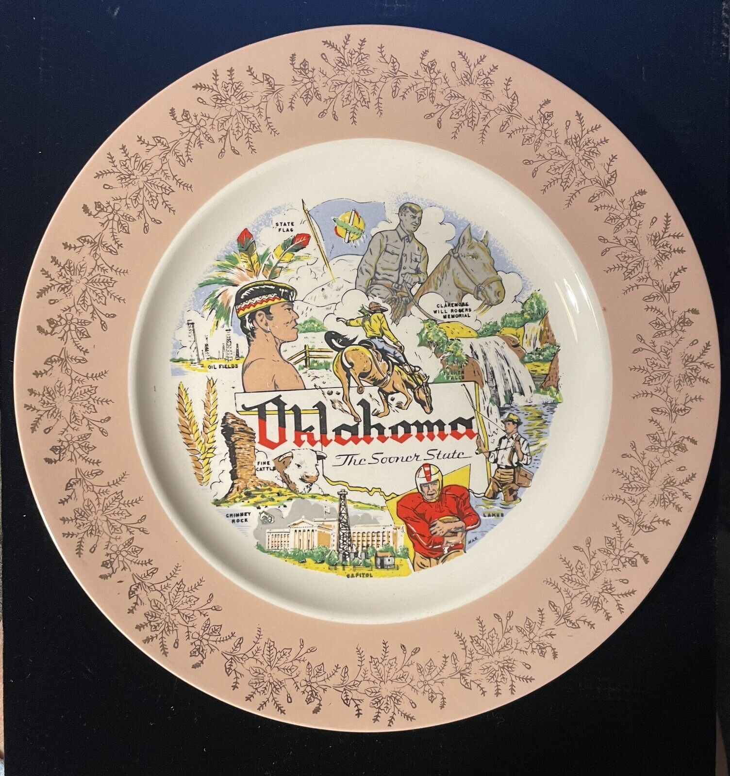 Vintage 1960\'s Oklahoma Sooner State Collector Plate Souvenir Pink Cowboy 10 1/8