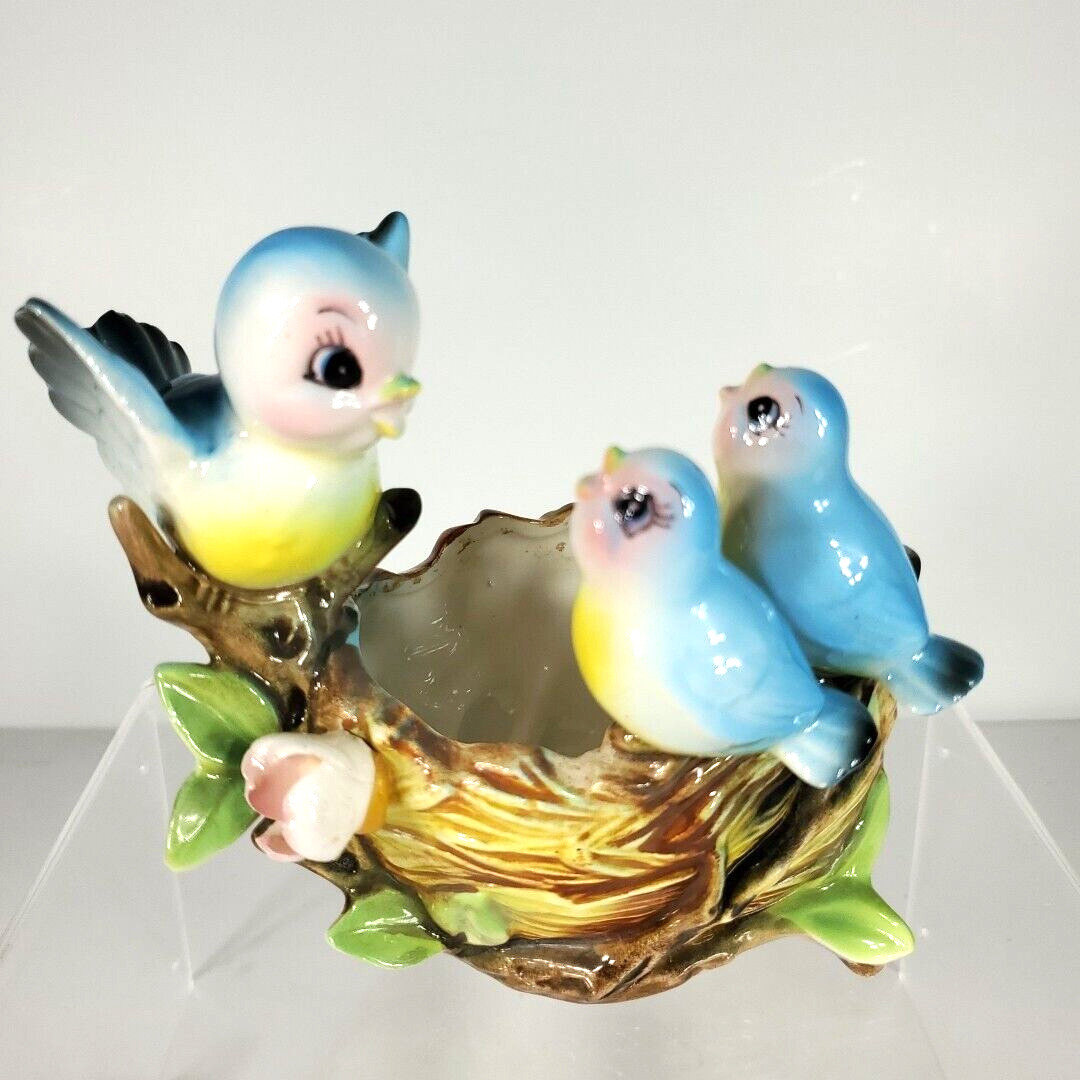 Vintage Norcrest Ceramic Blue Bird Mama And Babies Planter Japan Anthropomorphic