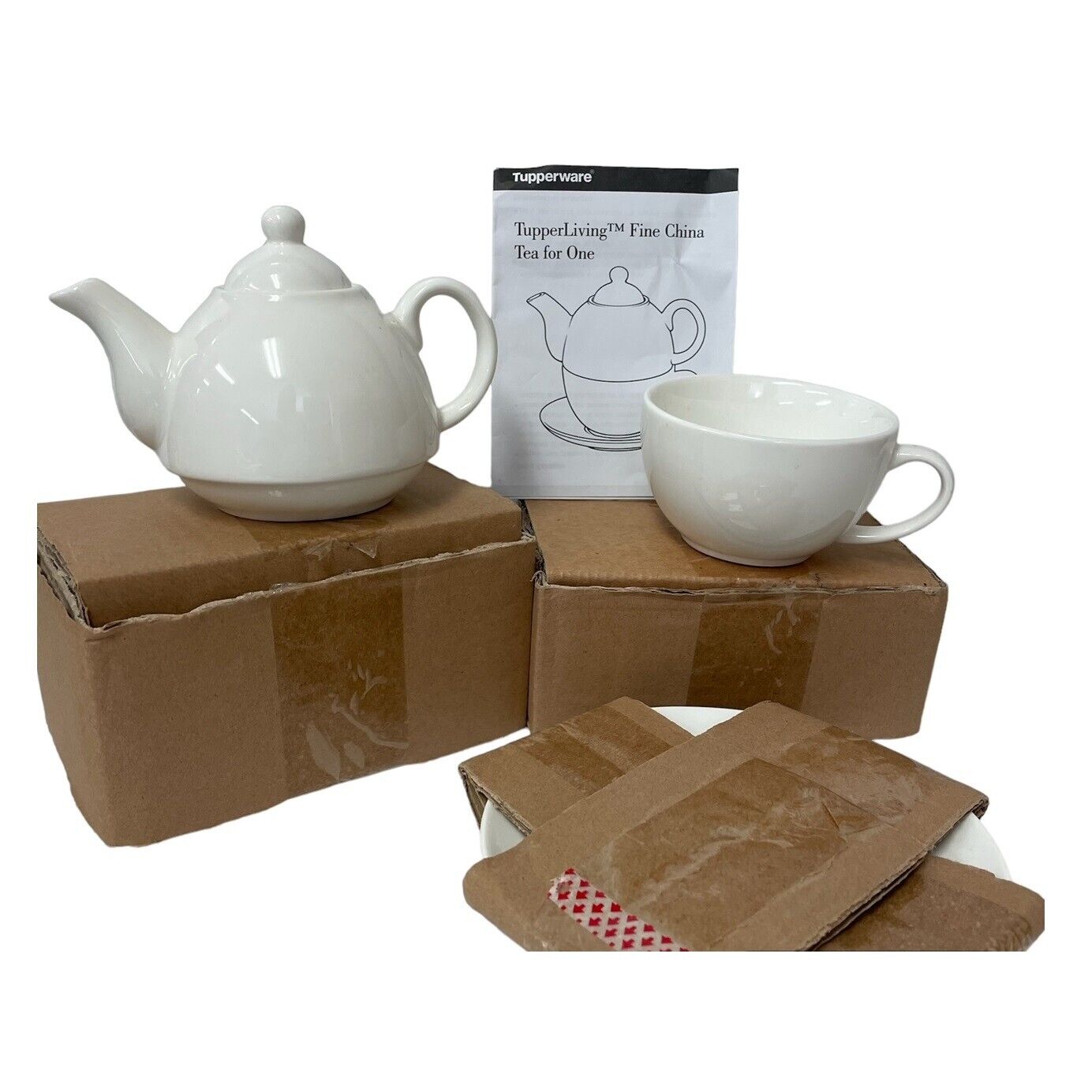 TupperLiving Fine China Tea for One Teapot Cup Saucer Set By Tupperware White
