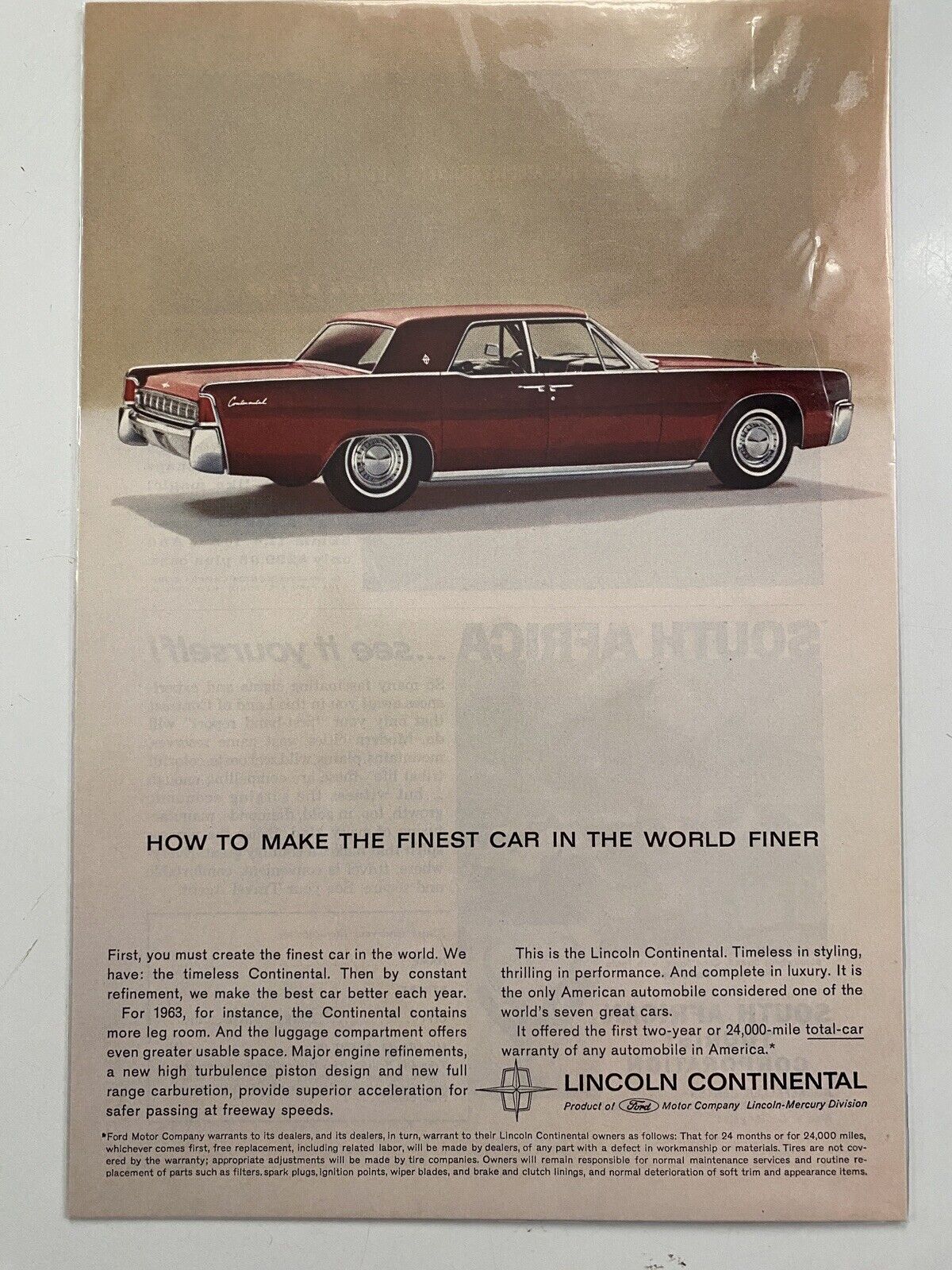 Red Lincoln Continental Original 1963 Vintage Print Ad