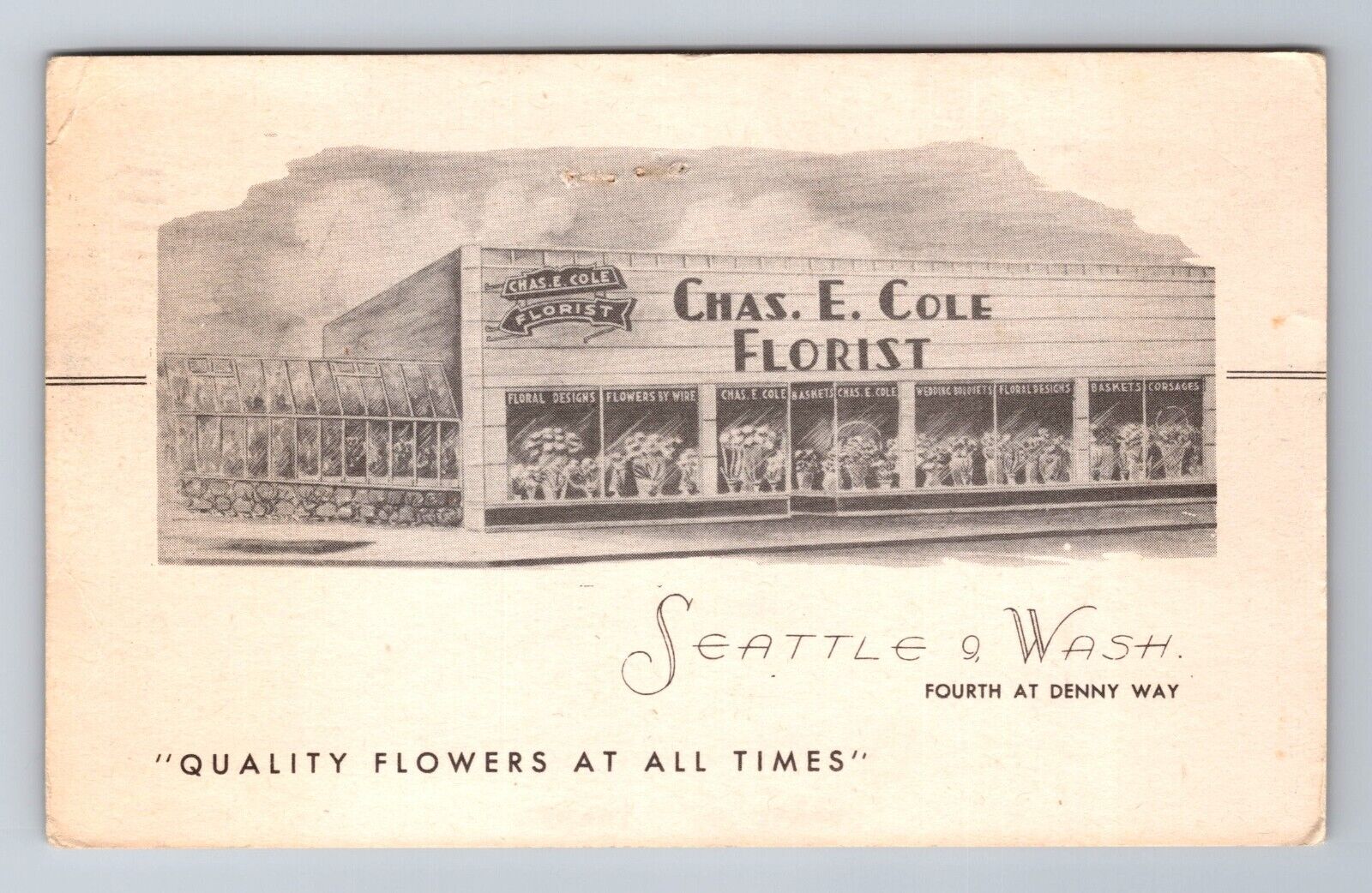 Seattle WA-Washington, Chas. E. Cole Florist Flower Shop, c1949 Vintage Postcard