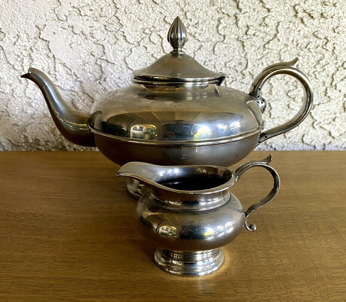 2pcs Vtg Gerhardi & Co Pewter Teapot w/Lid 9/8 L & Creamer 2/2 1566 Germany