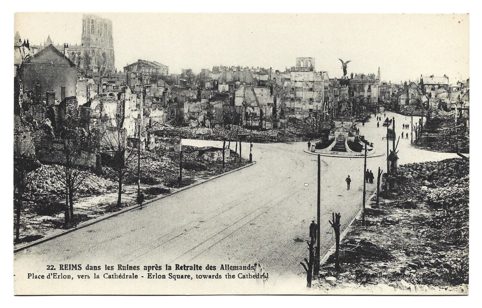 France REIMS Ruins WWI Place d\'Erlon Road Towards Church French Vintage Postcard