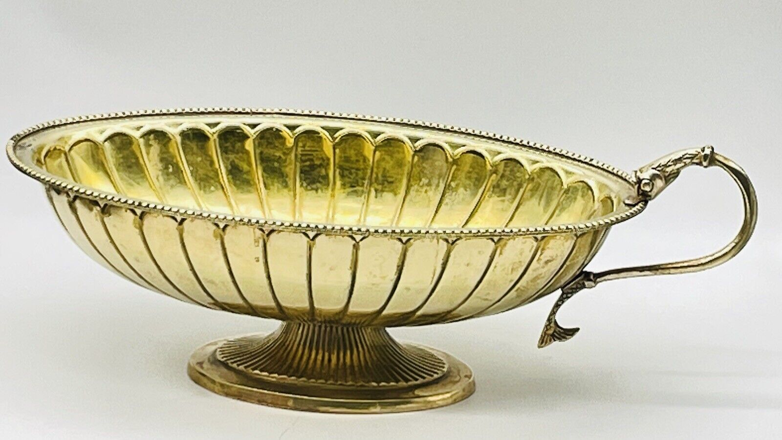 Vtg Solid Brass Ornate Pedestal Centerpiece Oval Bowl W/Fish Shaped Handle READ