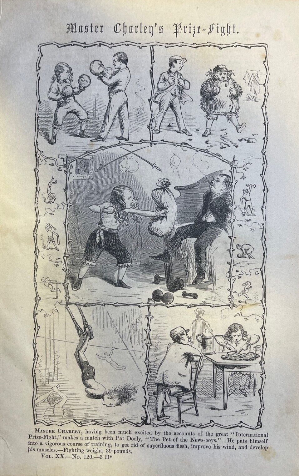 1860 Vintage Magazine Illustration of Children Boxing
