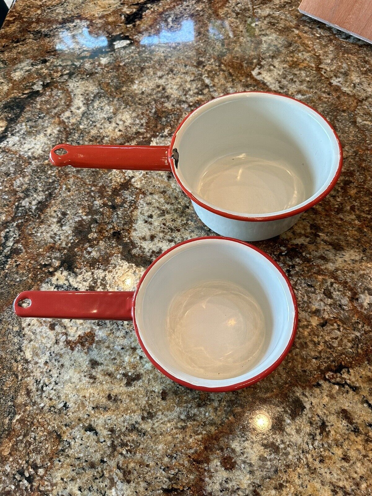 Vintage Red And White Enamelware Saucepans Set Of 2