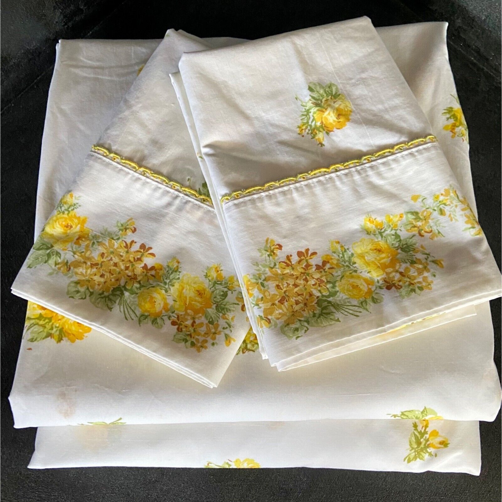 Vintage Montgomery Ward Yellow Roses King Bed Set Fitted Flat Sheets  2 Pillowca