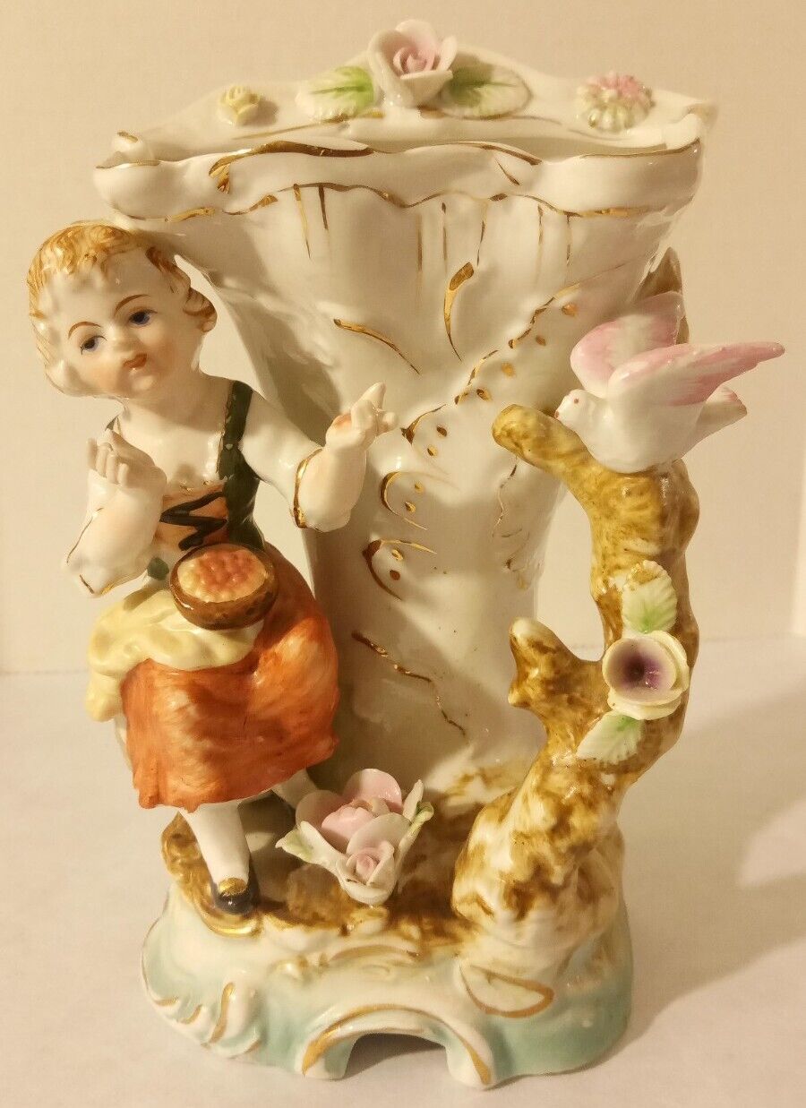 Vintage Camille Naudot Porcelain Vase Planter Country Girl And Dove