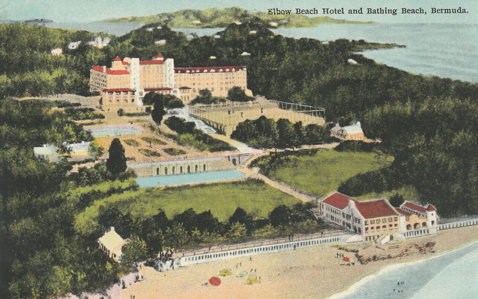Postcard Elbow Beach Hotel Bathing Bermuda Trees Ocean Hills