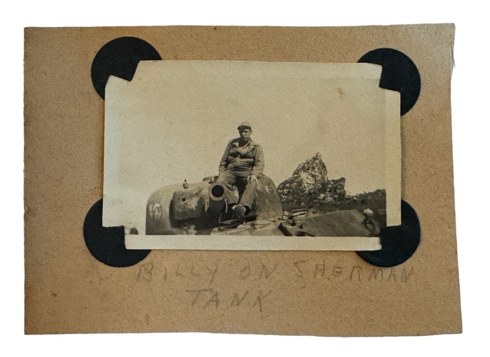WW2 Era Photo U.S. Army GI Billy Sitting On Top Of Sherman Tank
