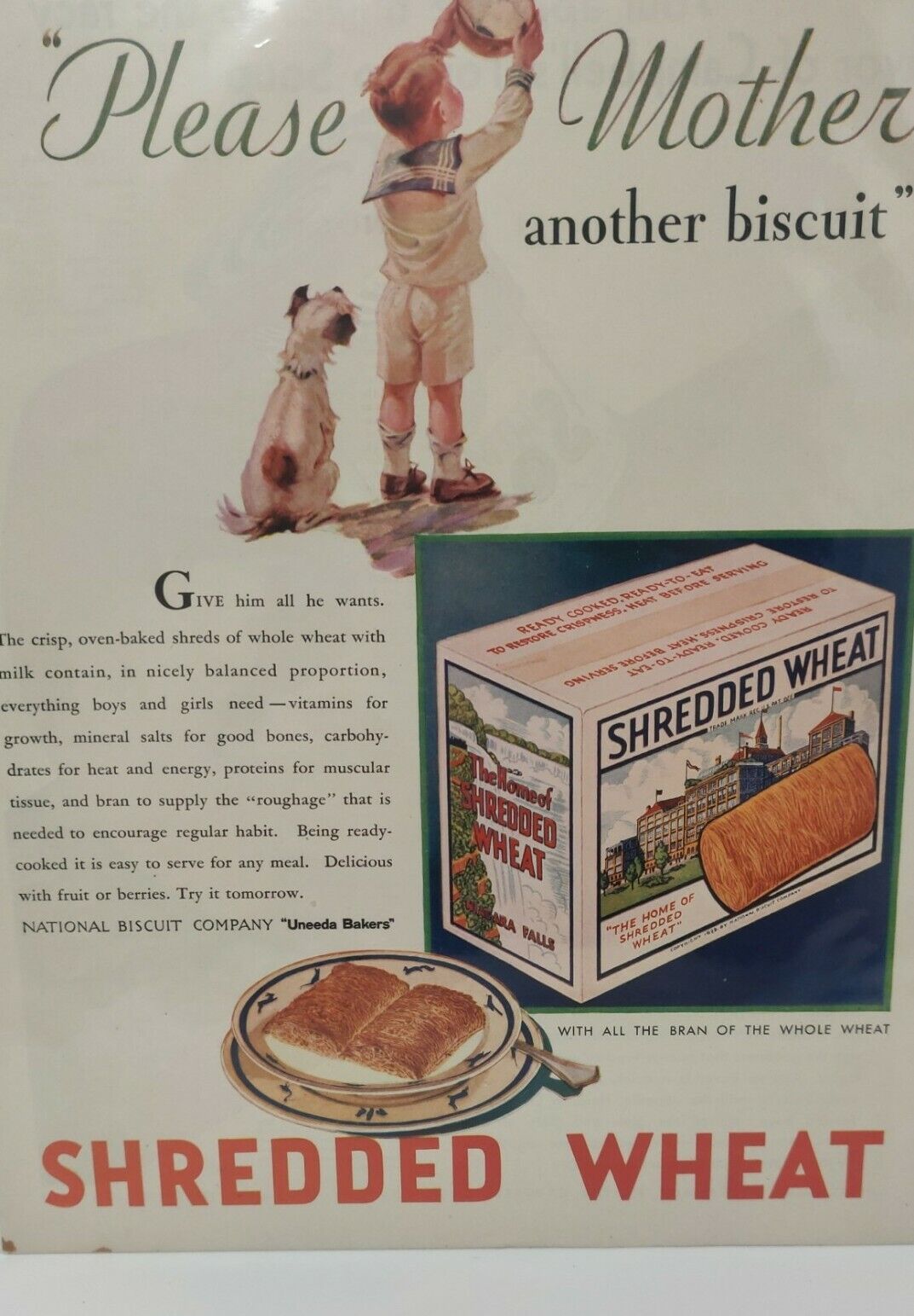 Vintage 1931 Print Advertisement Ad Shredded Wheat Boy Dog 