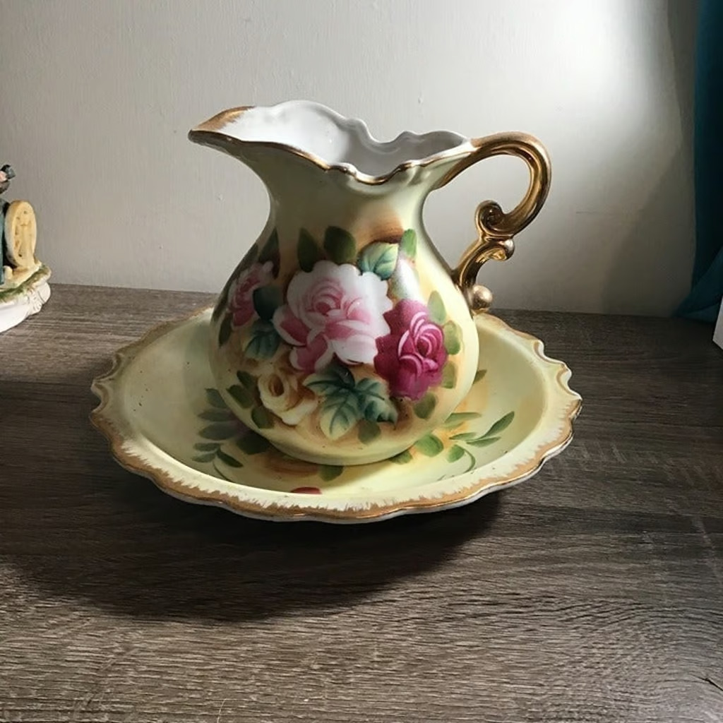 Vintage Porcelain Hand Painted Rose Mini Pitcher And Bowl Made In Japan