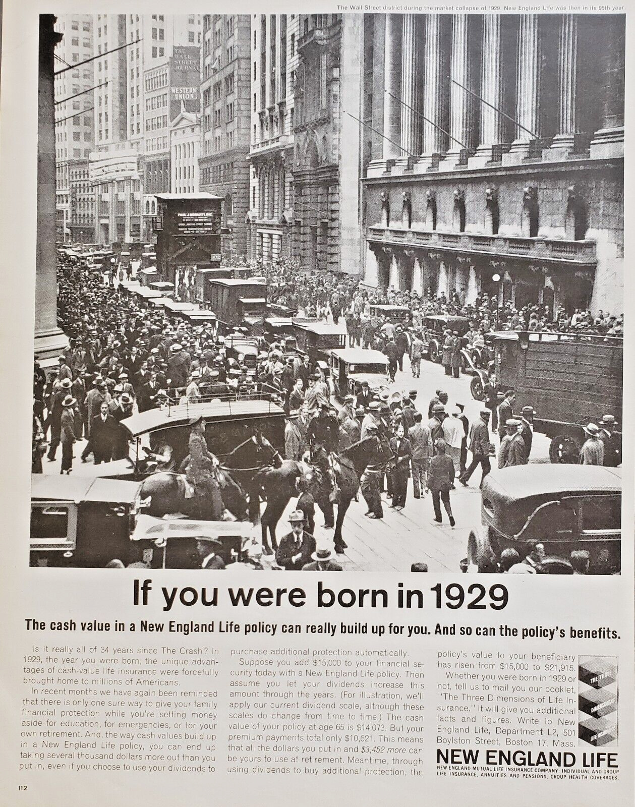 1963 New England Life Insurance Co Wall Street District 1929 Vtg Print Ad