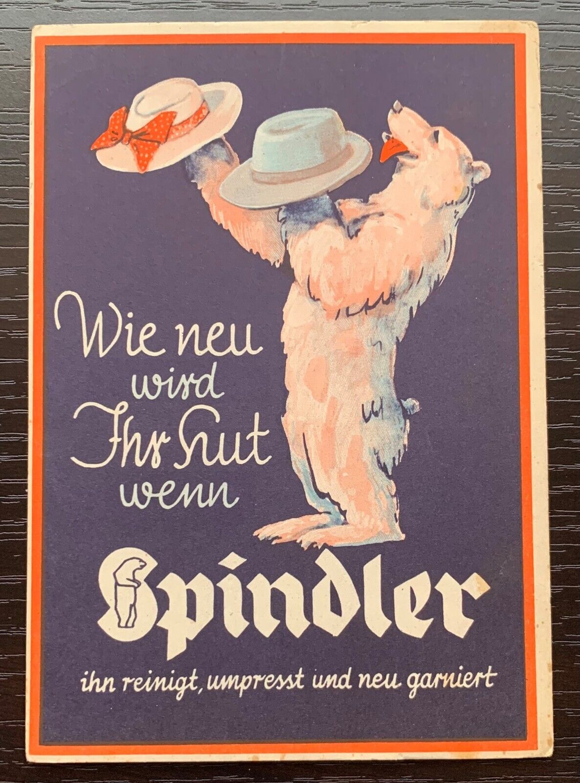 SPINDLER HATS COLORED GERMAN ADVERTISING POSTAL CARD 4X6 CIRCA 1950\'S? UNUSED EX