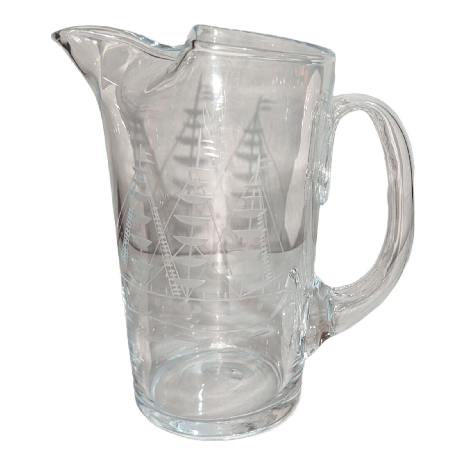 ✨ HAWKES Art Glass Pitcher Signed Etched Art Deco Boat Ship 6.5