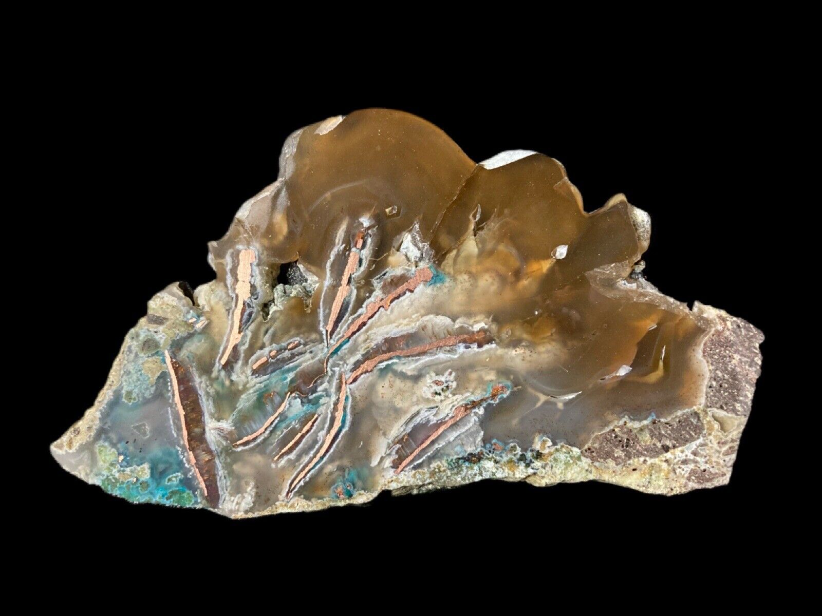 Rare Native Copper In Agate With Chrysocolla Polished Collector Slab