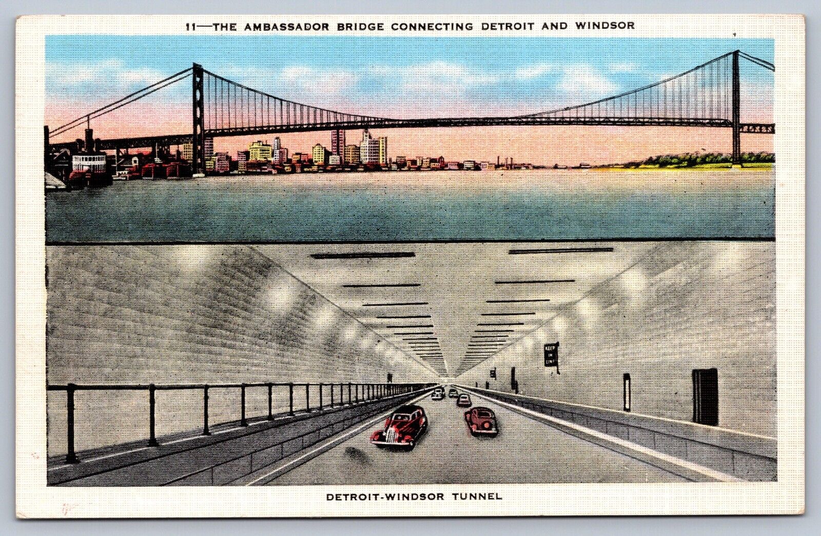 Postcard Detroit MI Ambassador Bridge and Detroit-Windsor Tunnel