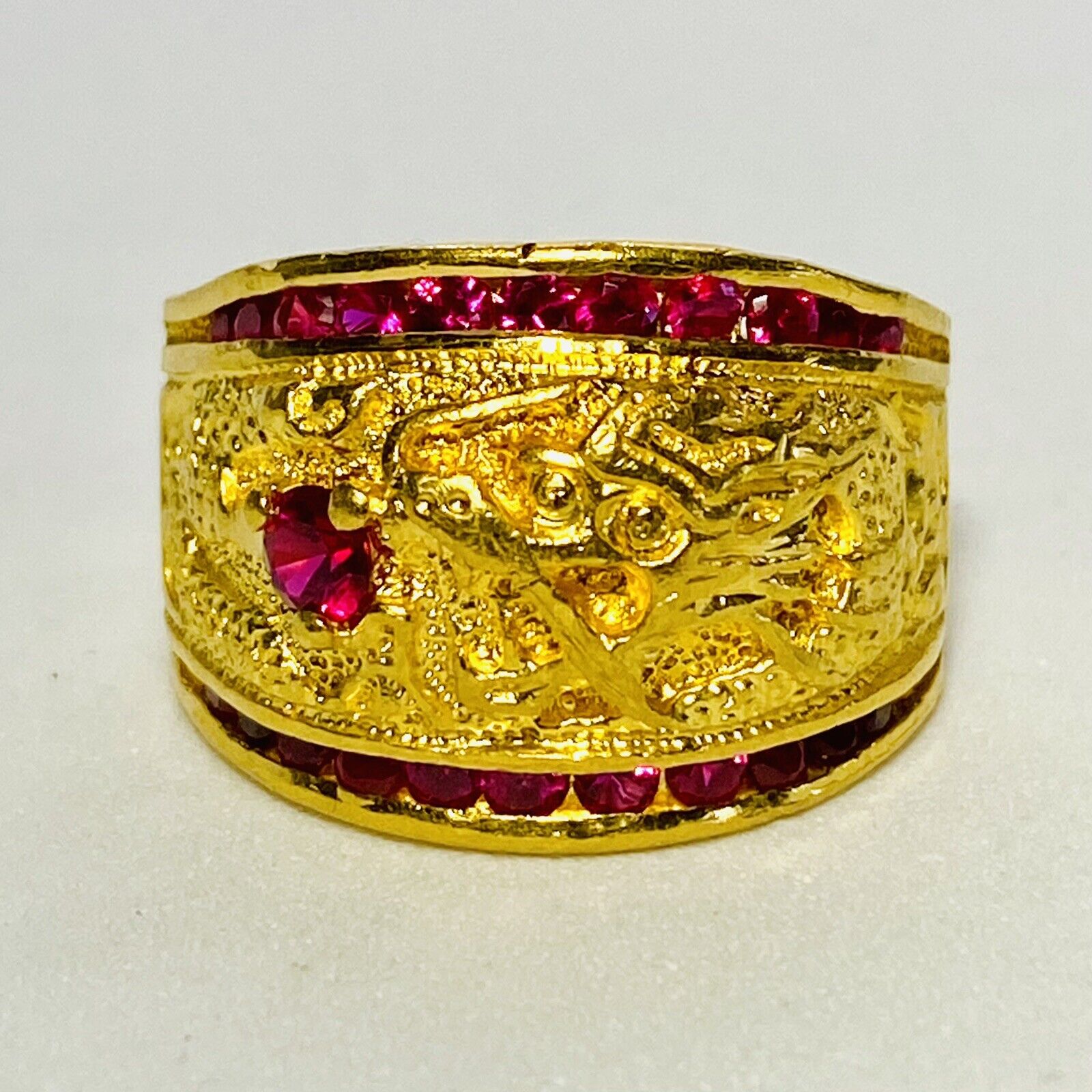 Chinese 24K Yellow Gold Dragon 1.44ctw Lab-Created Ruby Size 8 Ring 19.0g
