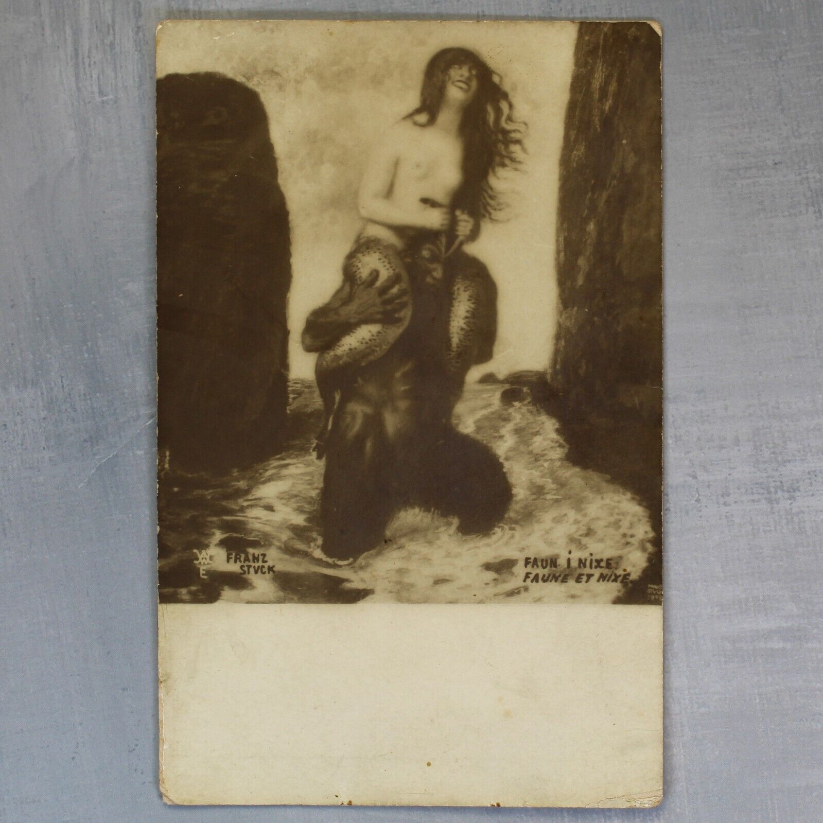 Sea nymph mermaid Nude witch on Faun. Magic Love. RARE Antique postcard 1909s🦇