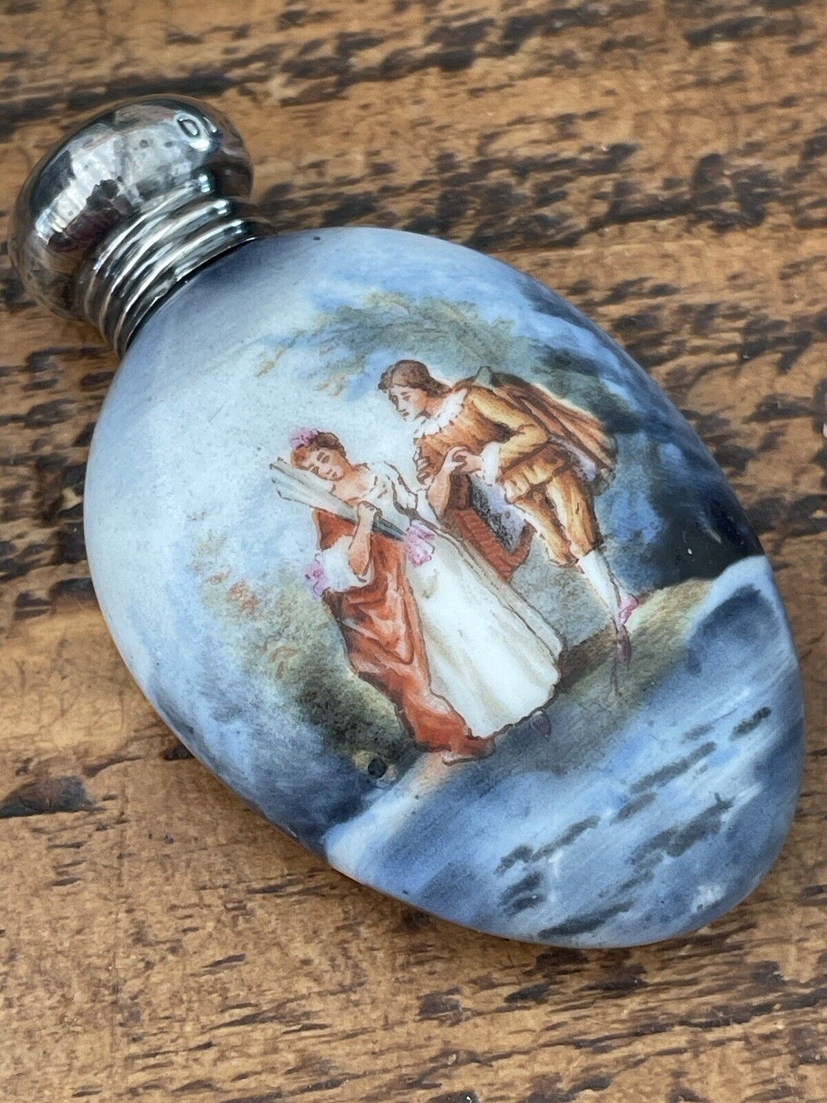 Antique Blue Porcelain Scent Bottle Painted With A Courting Couple & Silver Lid