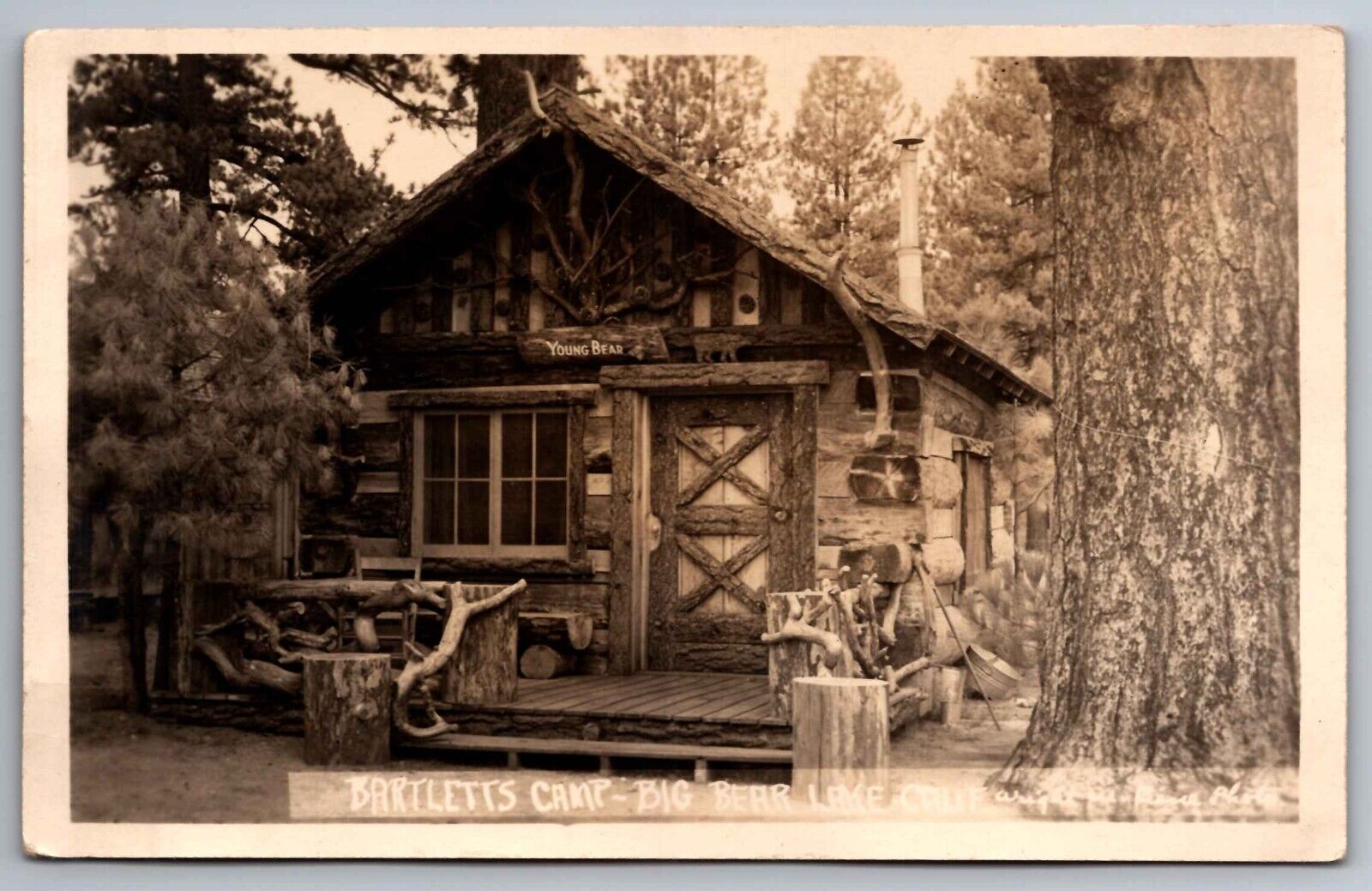 Postcard 1920s Big Bear Lake Bartletts Camp Young Bear Log Cabin RPPC     G 6