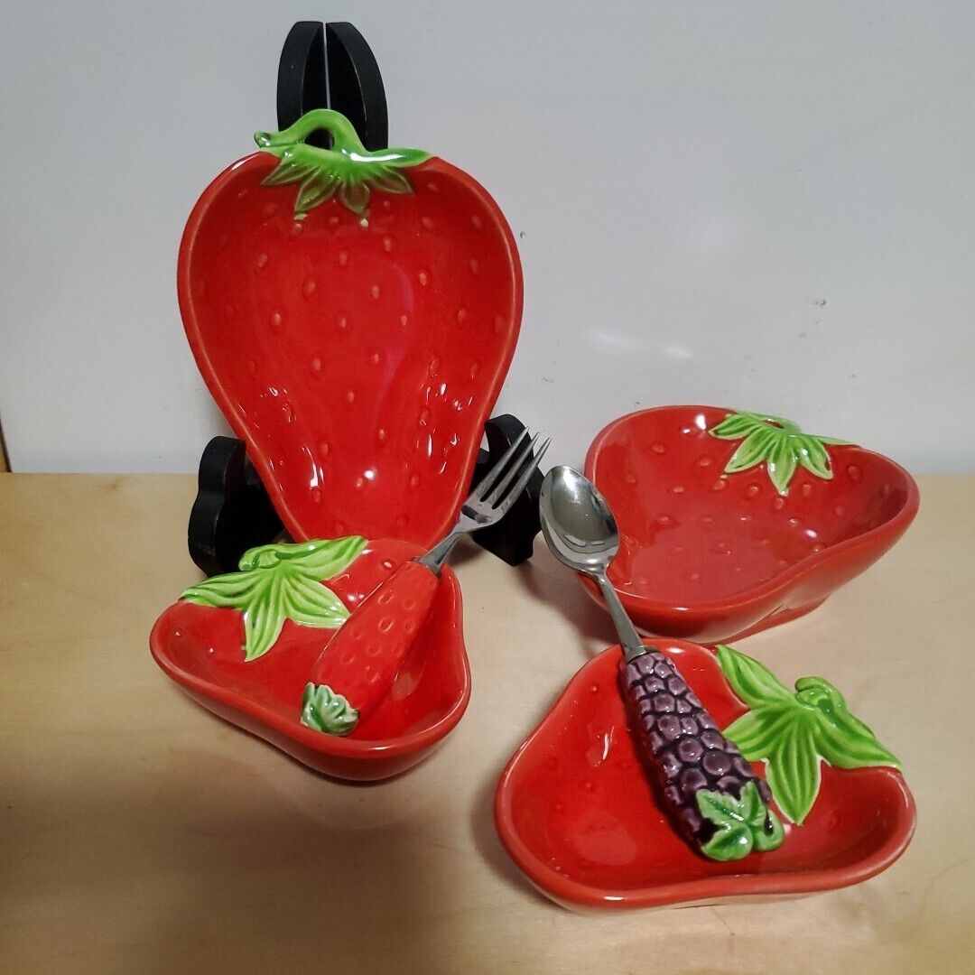 Set Of 4 Vintage Strawberry Bowls Plus Fruit Themed Fork And Spoon. Vivid Colors