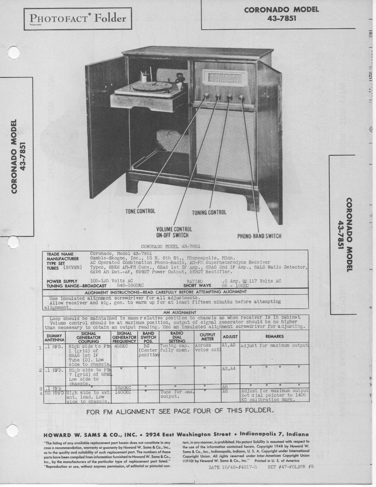 1948 CORONADO 43-7851 CONSOLE PHONO RADIO SERVICE MANUAL PHOTOFACT SCHEMATIC FIX