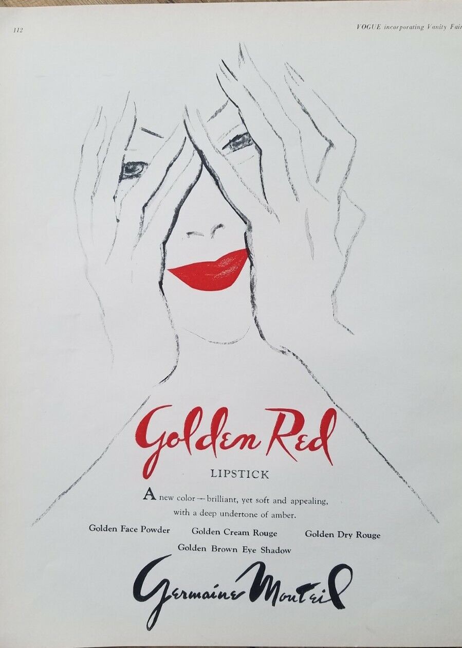 1948 Germaine Monteil golden red lipstick lips vintage cosmetic ad