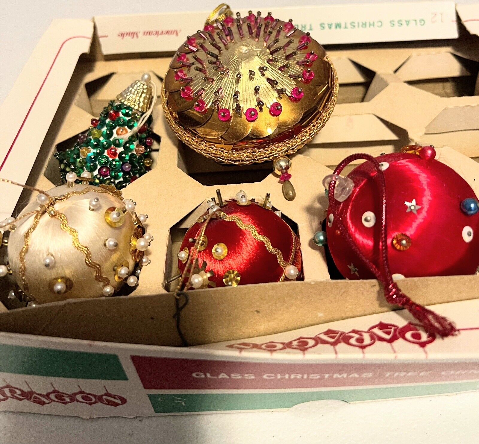 Lot Of 5 Vintage Mid-century Push Pins Sequin Beads Christmas Ornaments