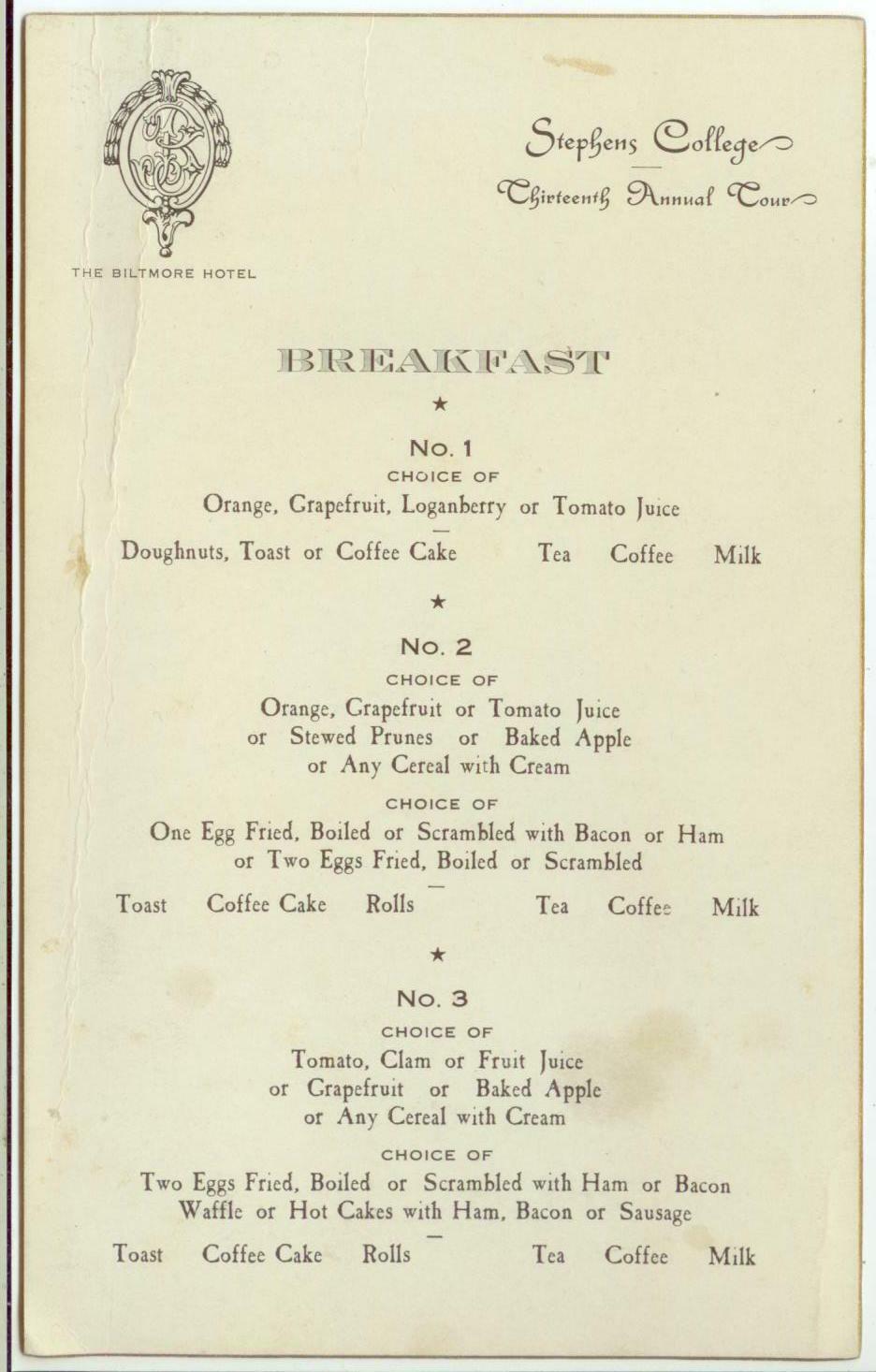 c1933 The Biltmore Hotel breakfast menu - Stephens College 13th Annual Tour