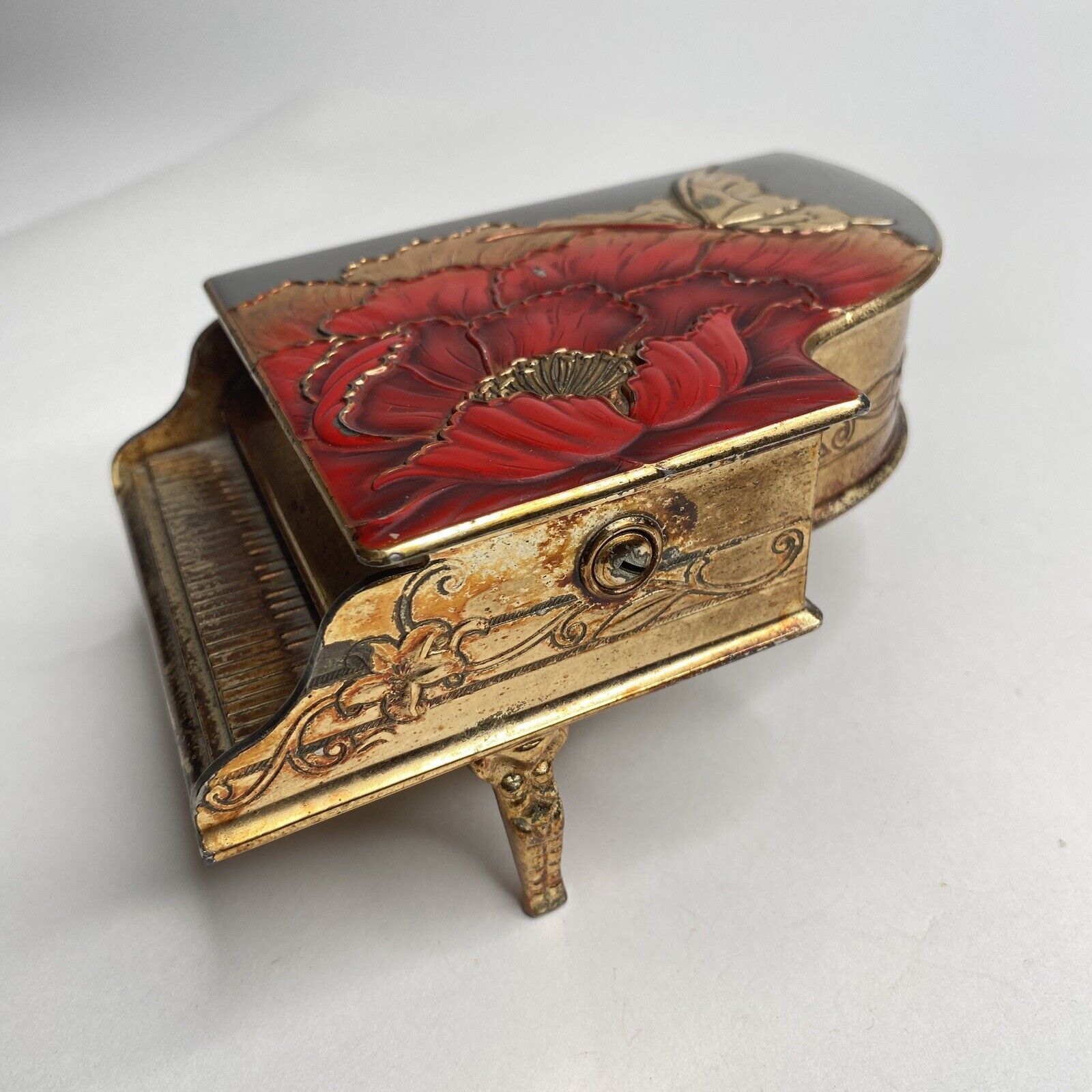 Vintage  Metal Gold Grand Piano Music Box Trinket Red Floral Sanky Japan