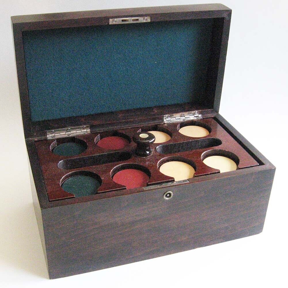 Antique Poker Chip Set Clay Composition Chips Wooden Caddy in Wood Box