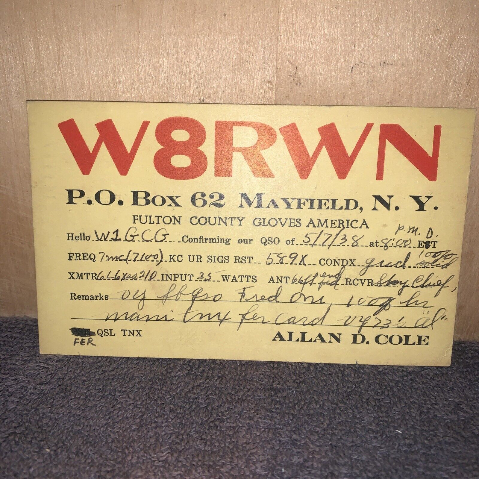 VINTAGE HAM RADIO -QSL CARD- 1938 Mayfield, New York￼.