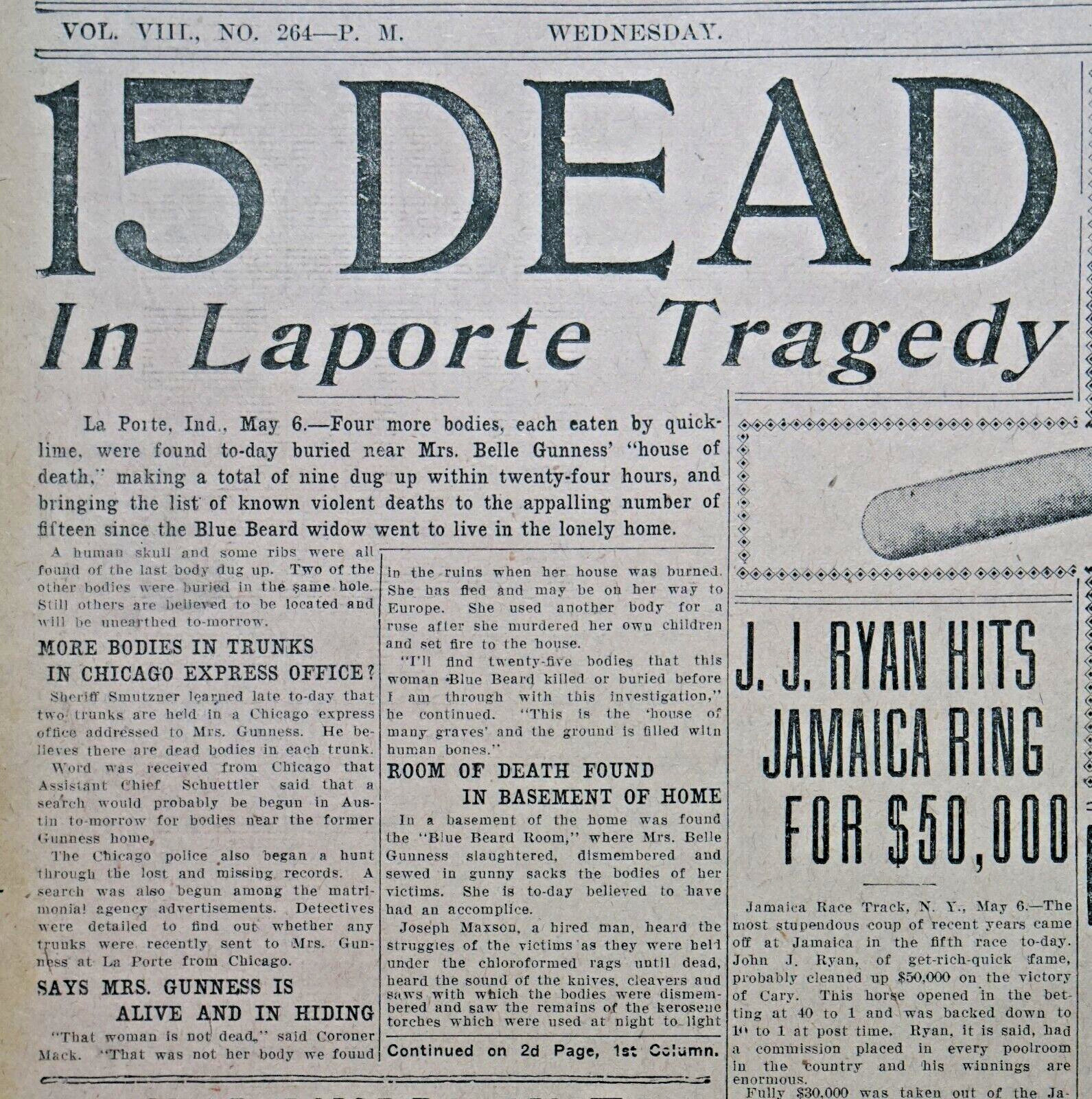 1908 Chicago Front Page - 15 Dead in Laporte, Indiana Tragedy, Belle Gunness