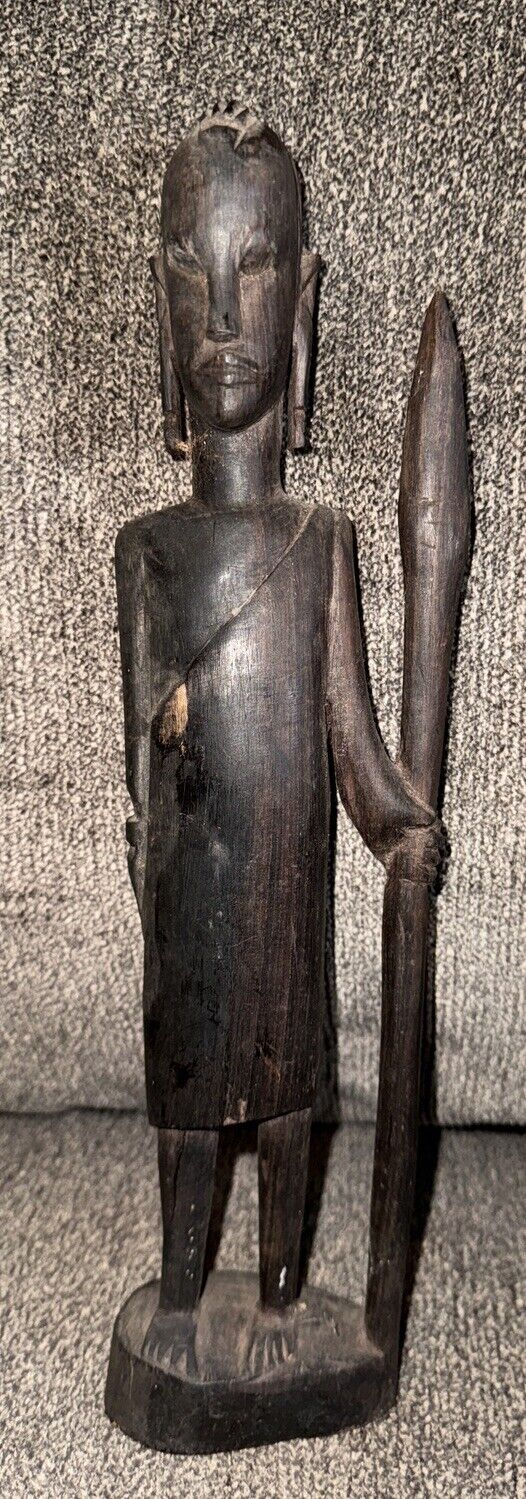 VINTAGE Hand Carved African Warrior With Spear 12”