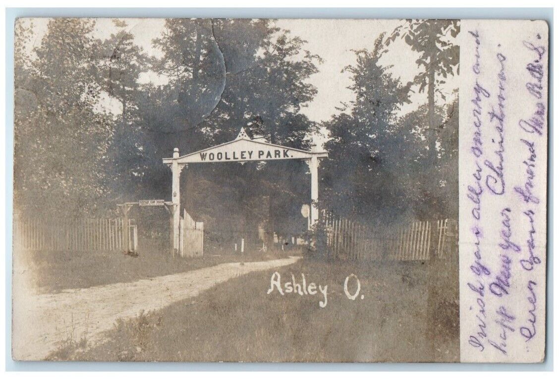 1907 Gate Entrance To Woolley Park Ashley Ohio OH RPPC Photo Posted Postcard