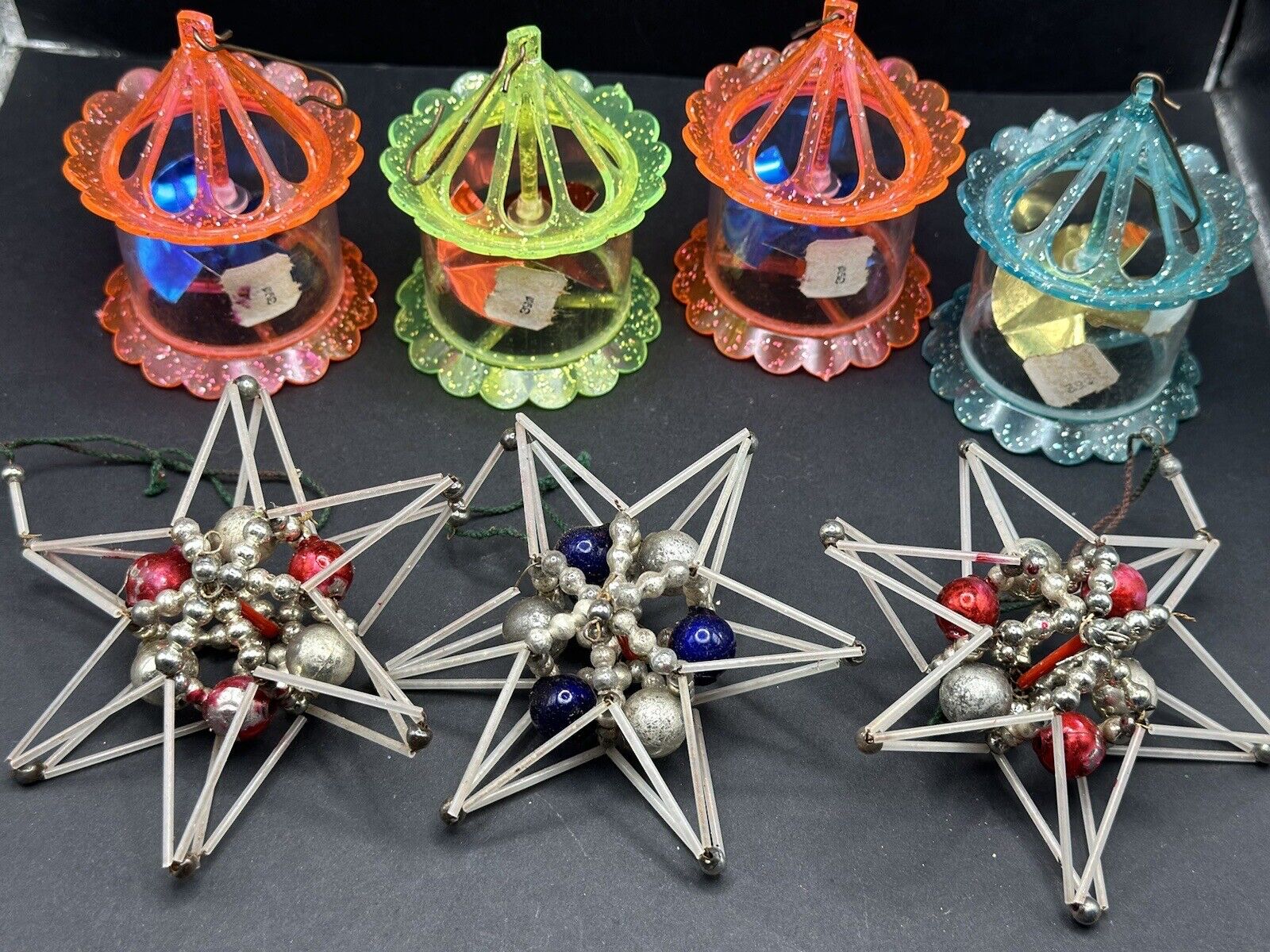 LOT OF 7 VINTAGE 1950s  Christmas Ornaments PLASTIC GLITTER SPINNER & BEAD STARS