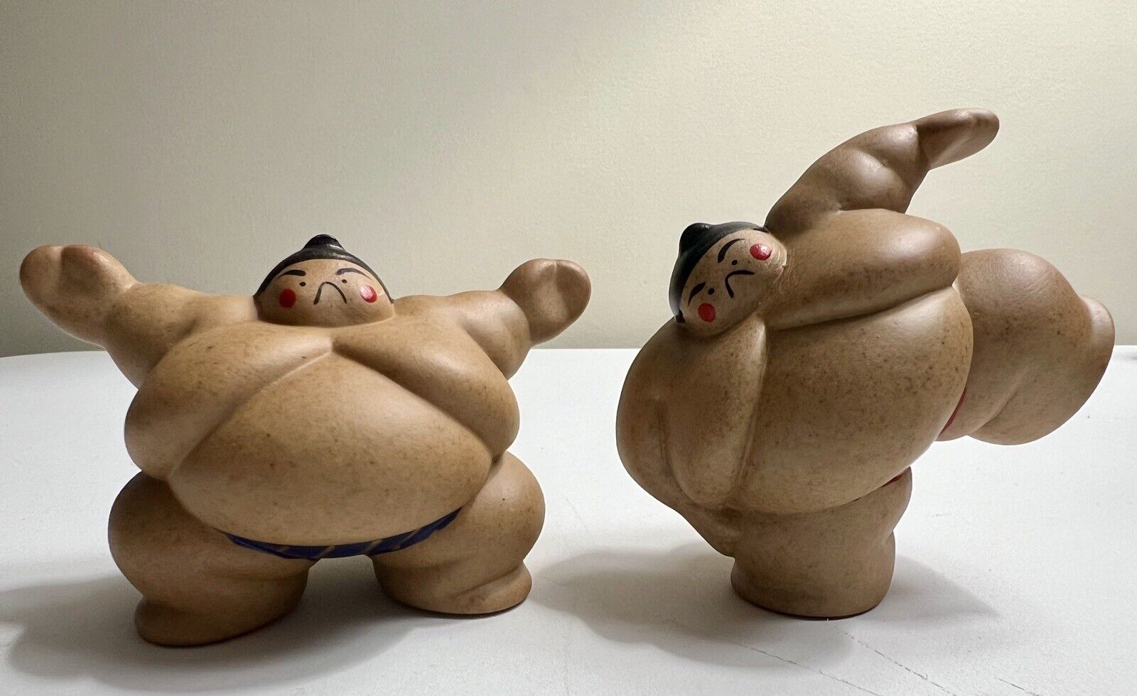 Sumo Wrestler Rikishi Figurine Set of 2 Shikiri Shiko Action Japan Vintage 1980s
