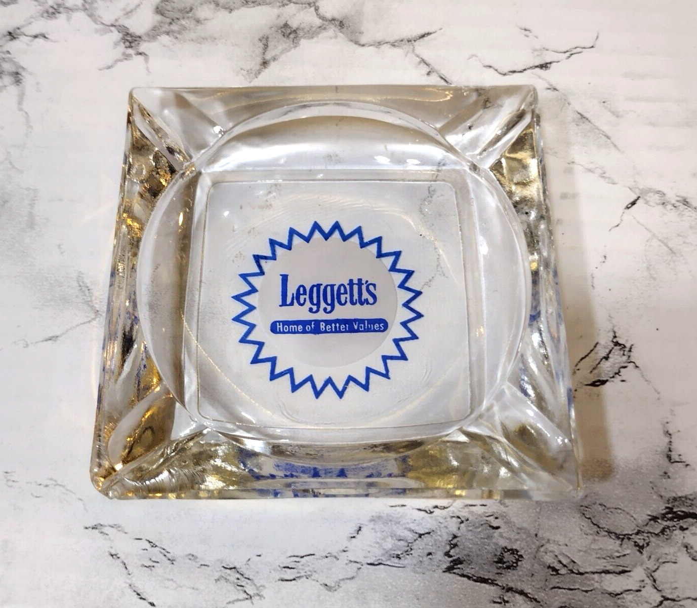Vintage Leggett\'s Glass Advertising Ashtray Home Of Better Values Virginia