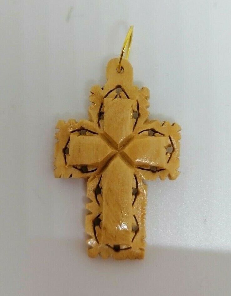 Beautiful cross perforate pendant Necklace olive wood hand made holy land 2.5*4c