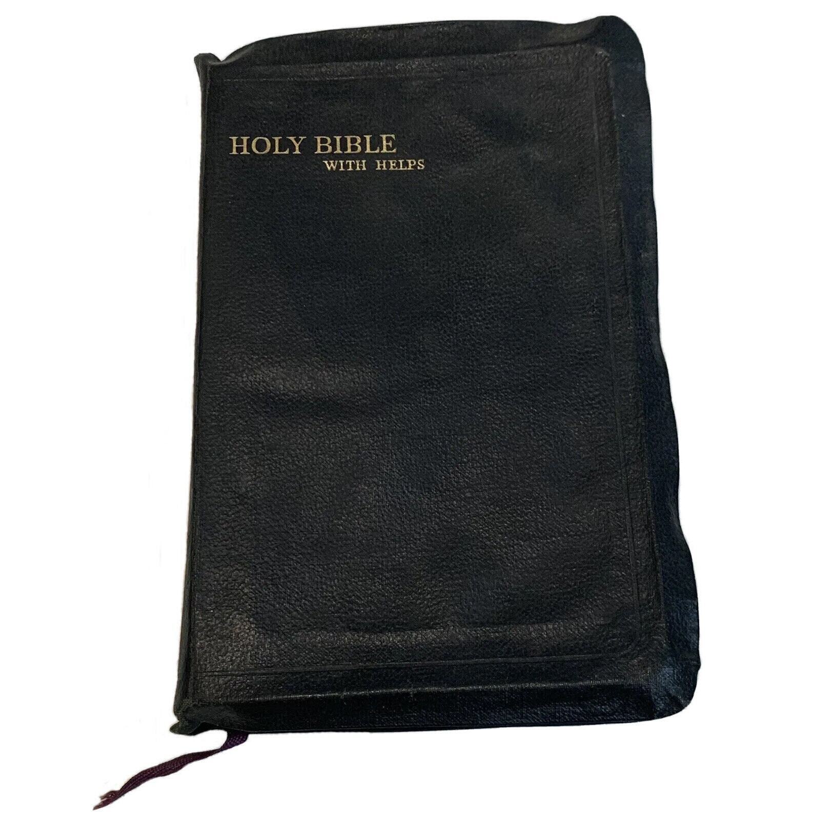 Vintage Bible Leather Holy Book Black W/ Helps Printed in Great Britain Pictures