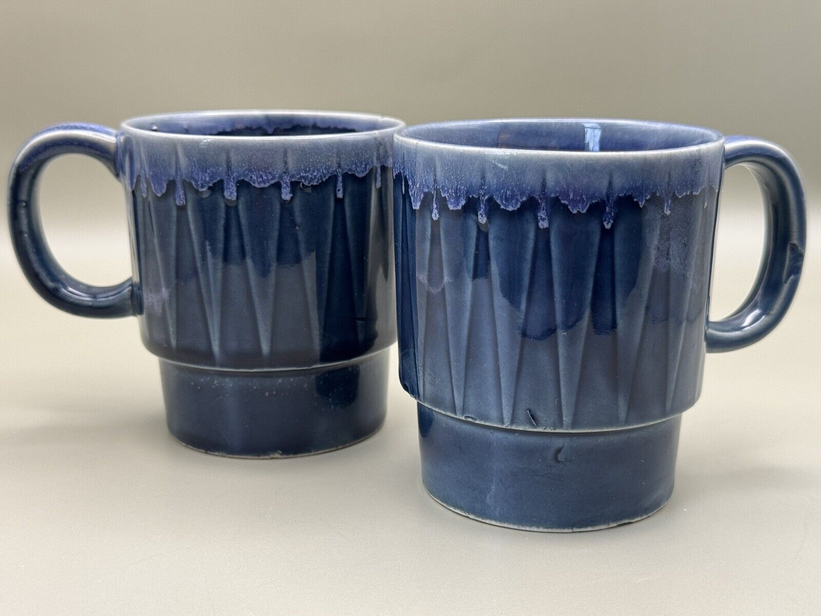 Vintage Set of 2 Blue Drip Glaze Stacking Coffee Mugs Cups, Made In Japan 