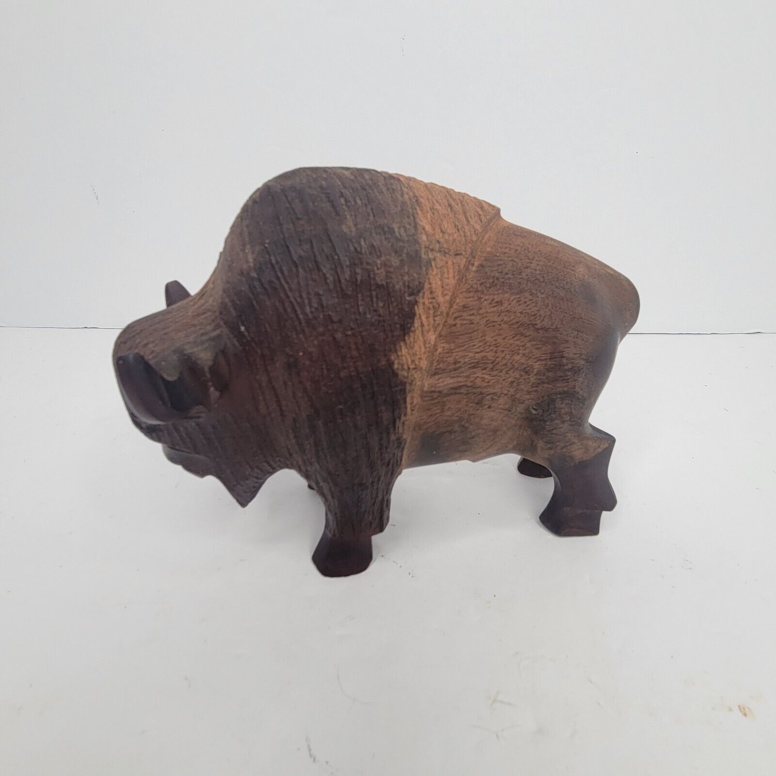 MCM Vintage Unique Hand Carved Ironwood Buffalo Bison shiny wood Figurine Heavy
