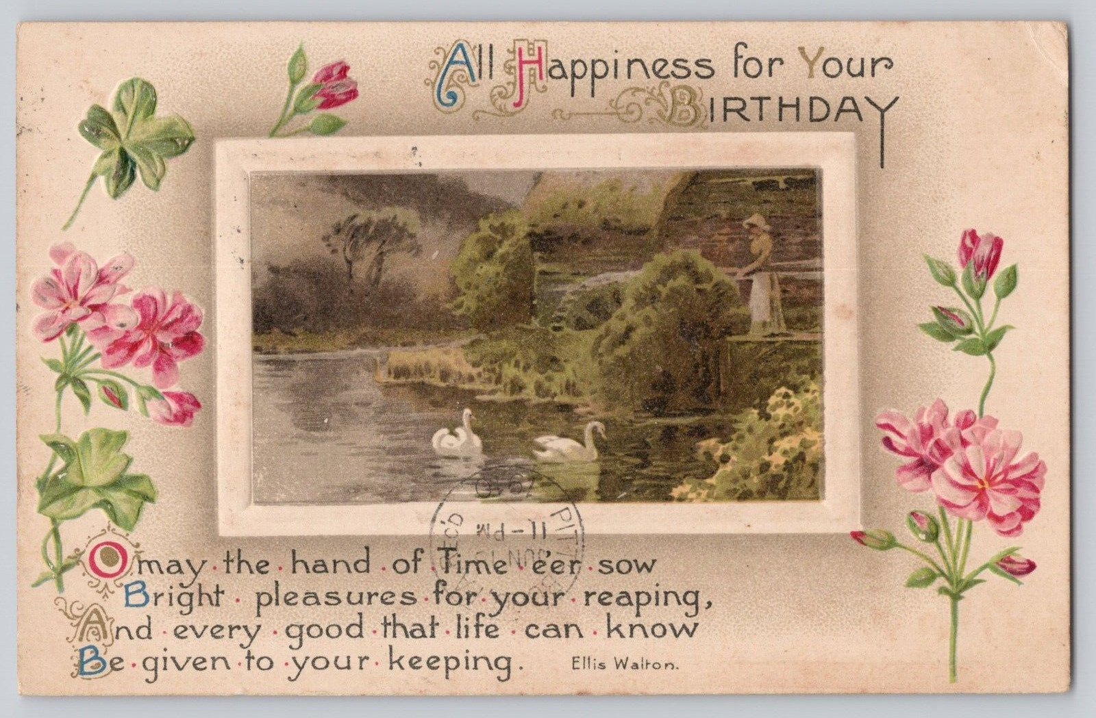Postcard Happy Birthday Greetings Embossed RPO Postmark c 1910