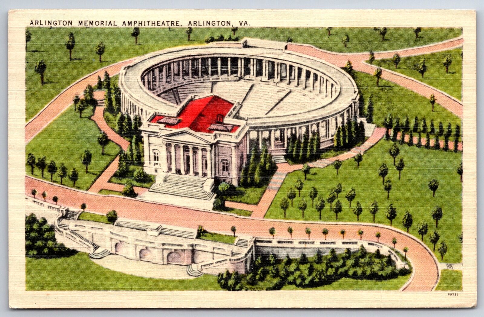 Arlington Virginia~Air View Of Memorial Amphitheatre~PM 1947~Vtg Linen Postcard