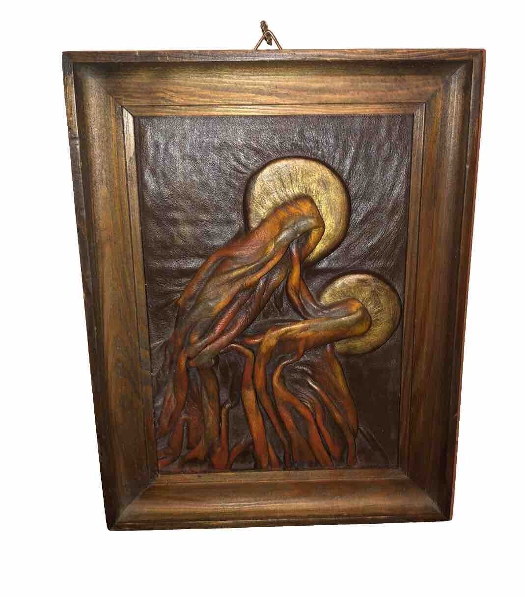 Vintage Rare Draped Leather Wall Picture Abstract Art Work Mother Mary & Jesus ￼