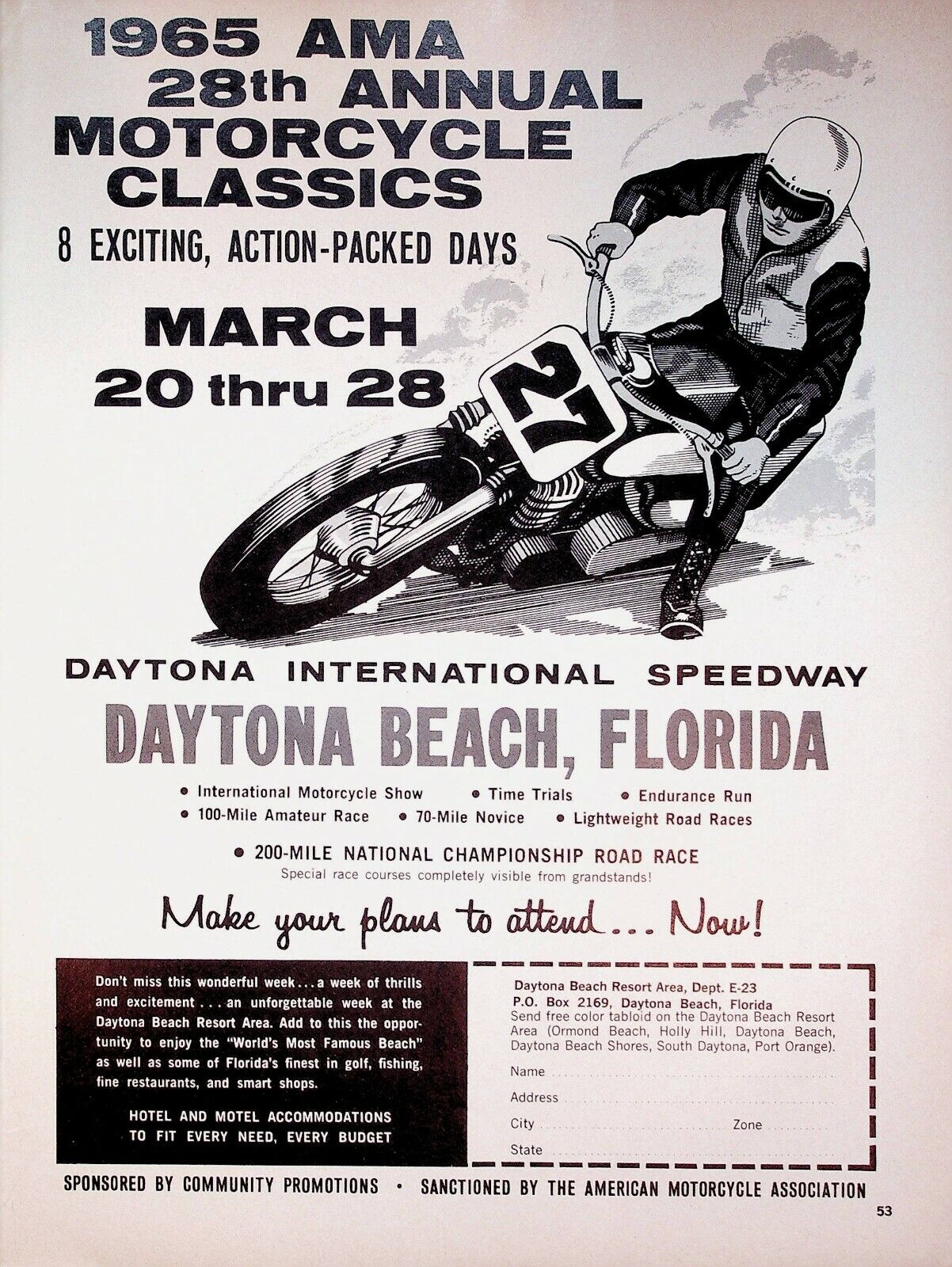 1965 Daytona Beach Florida AMA Motorcycle Classics Road Race - Vintage Ad